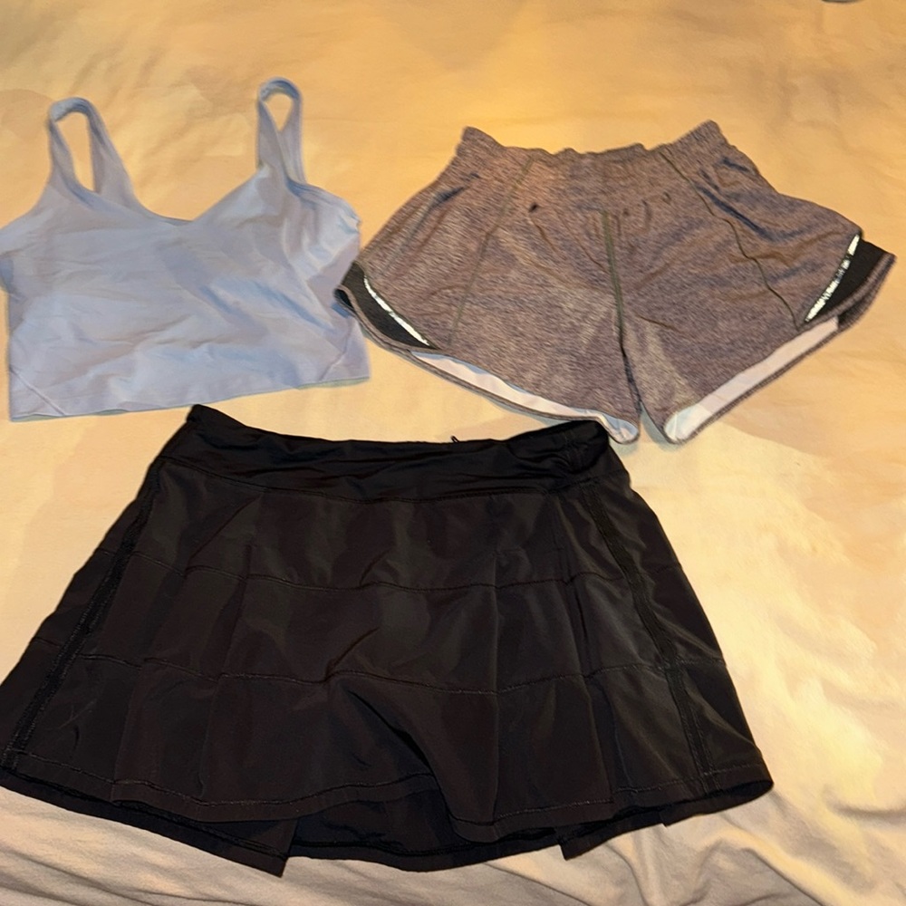 LULULEMON 3 pack , (all size 10), Light blue align top, Grey shorts, black skirt